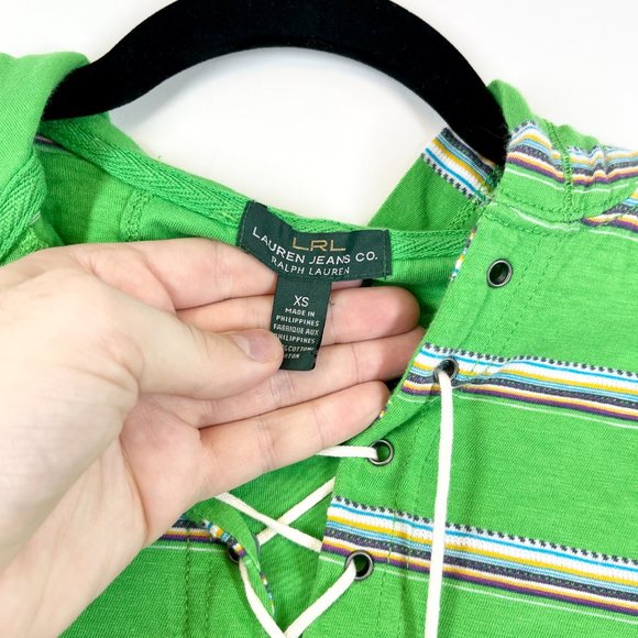 Lauren Ralph Lauren Jeans Co. Women's Green Striped Lace-up Hoodie Top Size XS - Picture 2 of 4